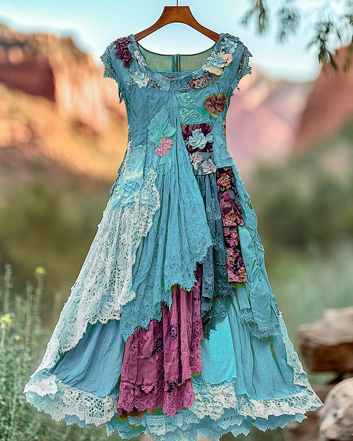Vintage Floral Embroidered Lace Patchwork Dress b034