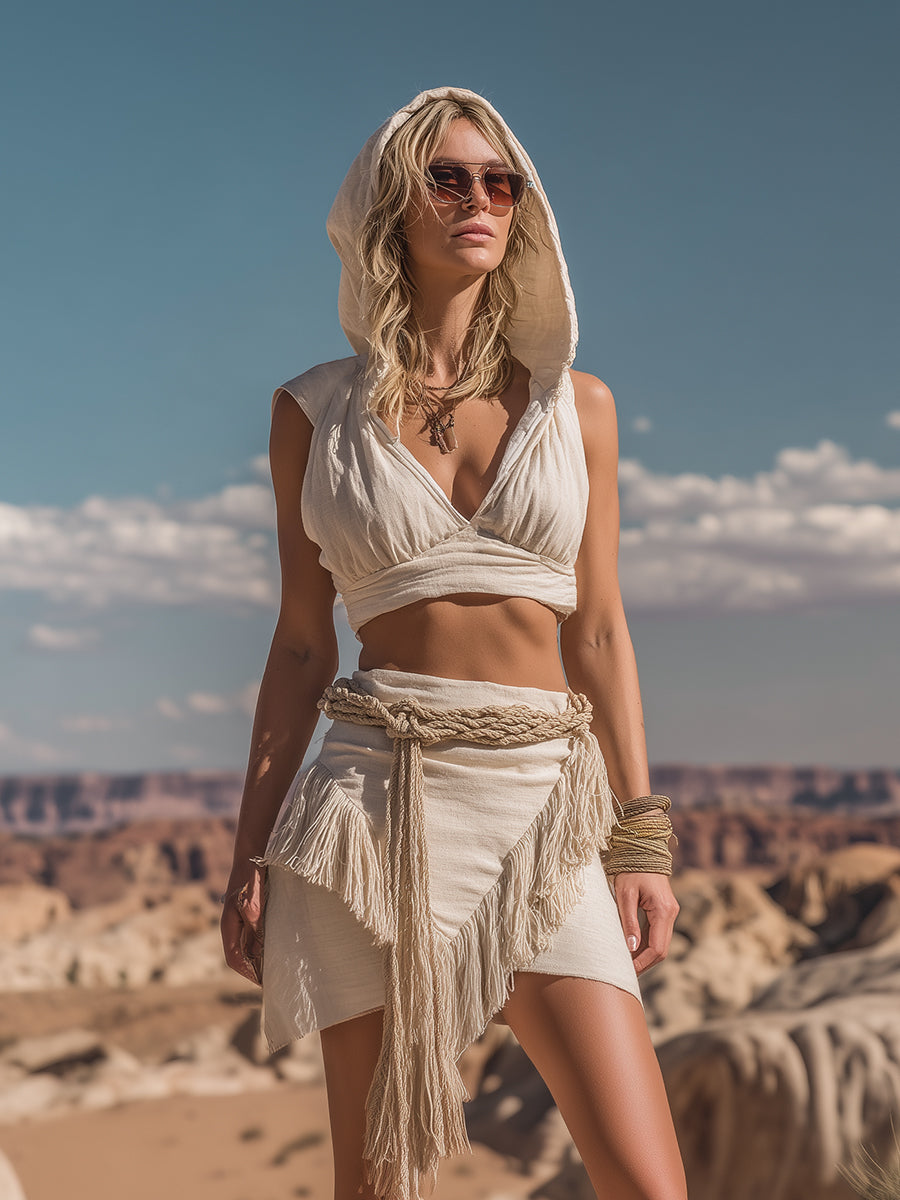 [24-hour shipping out]Retro And Fashionable Wasteland Style Hooded Top Tassel Skirt Beige Cotton And Linen Suit