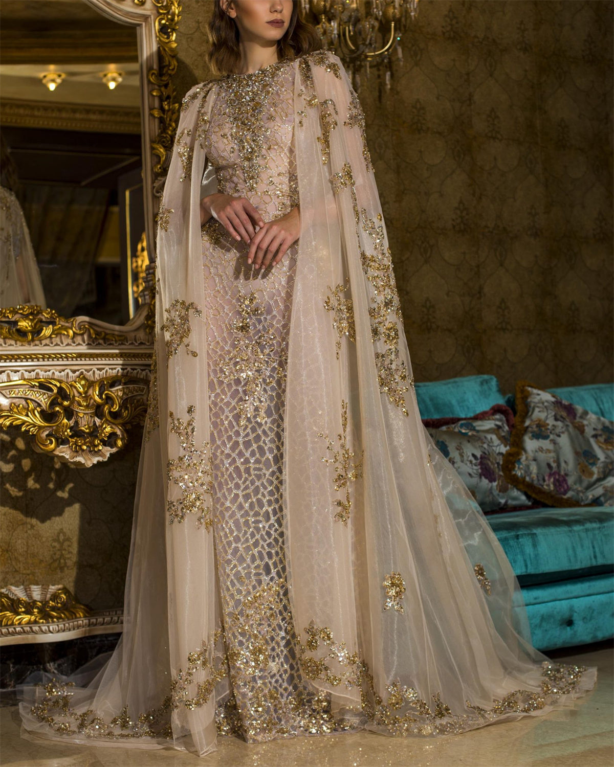 Women's Mesh Shawl Sequin Dress