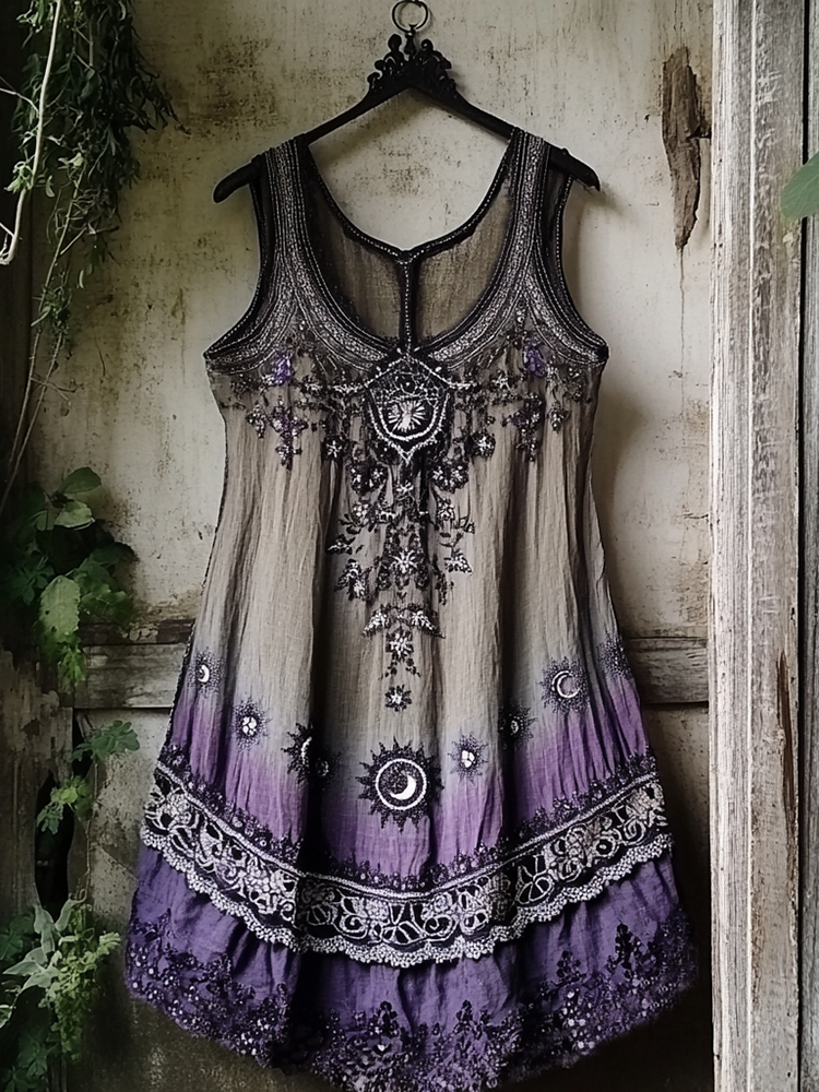 Women's Vintage Tribal Star And Moon Embroidered Sleeveless Dress