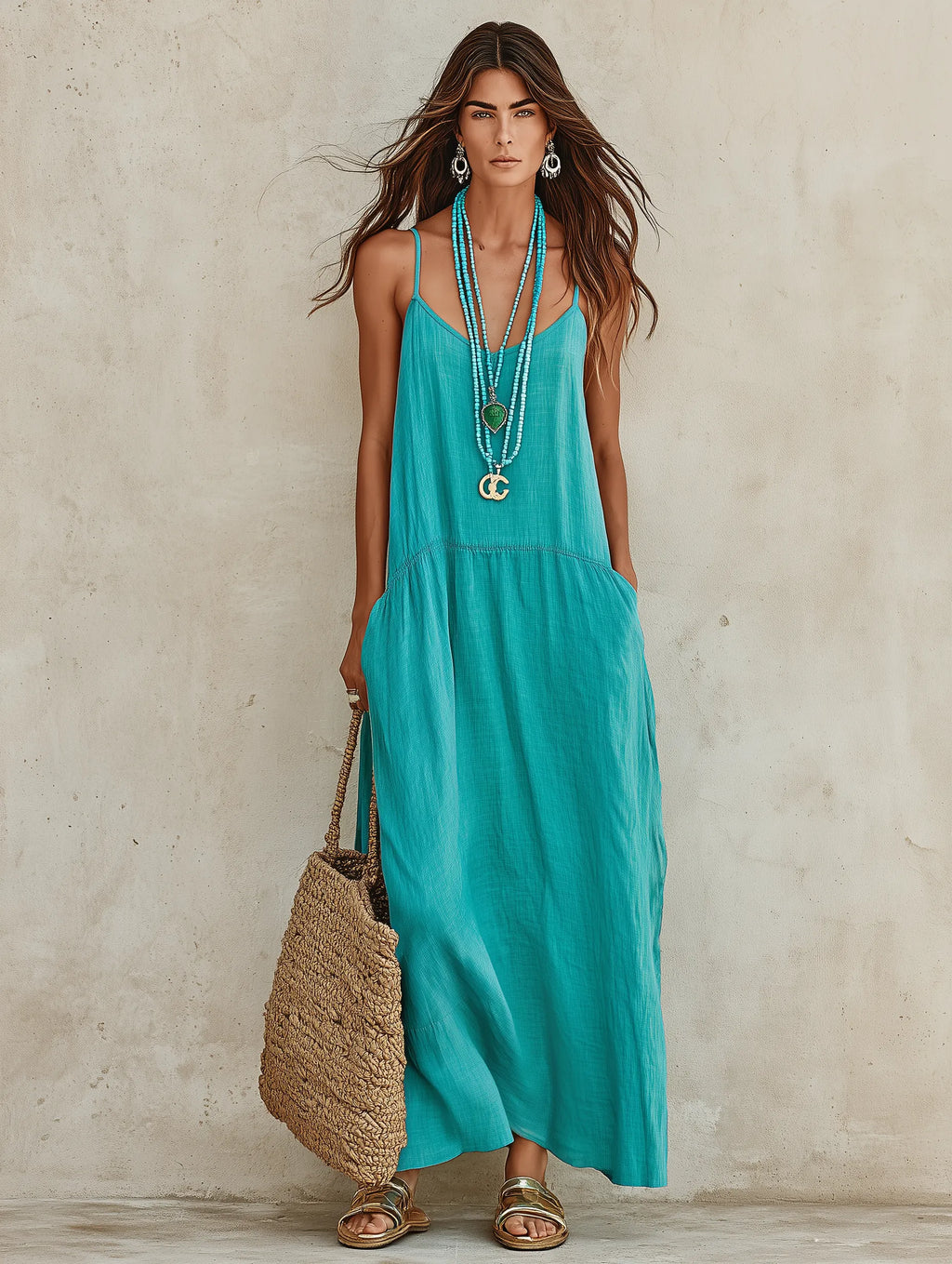 Effortless Resort Cotton-Linen Sleeveless Flowy Teal Cami Maxi Dress