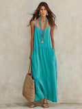 Effortless Resort Cotton-Linen Sleeveless Flowy Teal Cami Maxi Dress