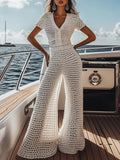 [24-hour shipping out]Seaside Vacation V-neck White Crochet Short-sleeved Top Trousers Set