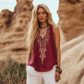 Women's Vintage Bohemia Ethnic Linen V-neek Sleeveless Top