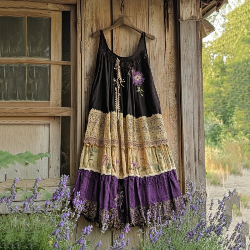 Vintage Tribal Lace Embroidered Violet Art Linen Maxi Dress