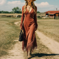 Women's Vintage Bohemian Fringe Maxi Mermaid Dress