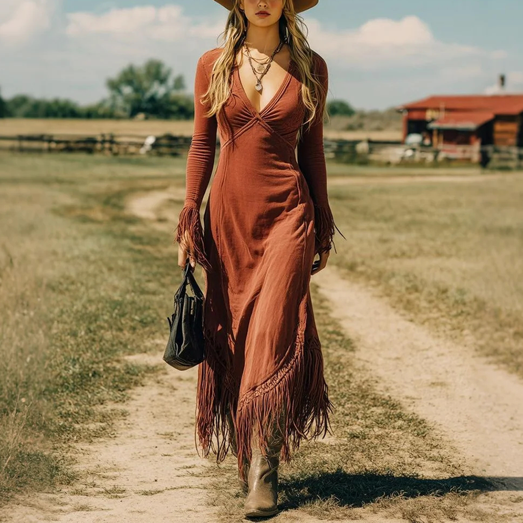 Women's Vintage Bohemian Fringe Maxi Mermaid Dress
