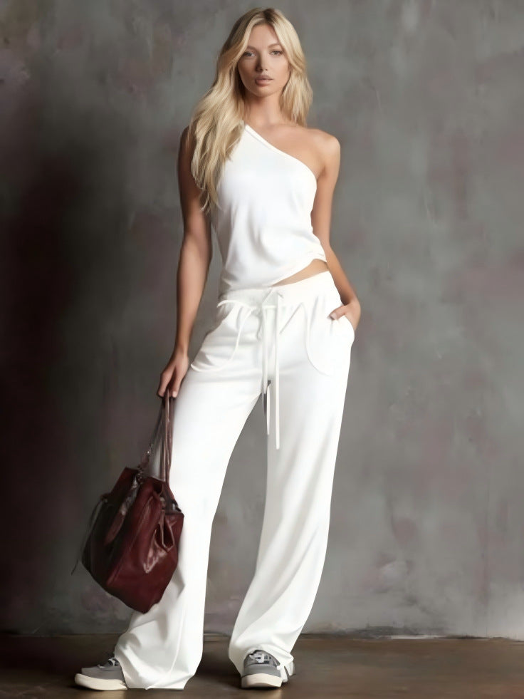 Women's Chic One-Shoulder Lounge Set - Contrast Piping Wide-Leg Pants & Asymmetric Top 2-Piece Outfit