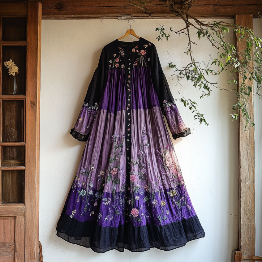 Vintage Boho Lavender Gradient Lace Art Linen Round Neck Maxi Dress