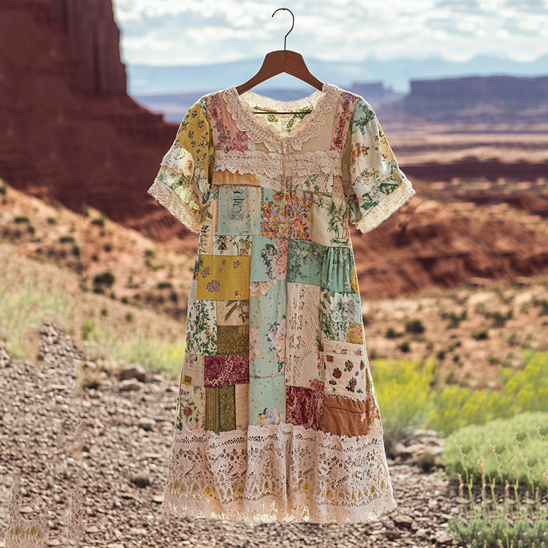Vintage Floral Patchwork Comfortable Short-sleeved Dress