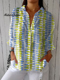 Women's Simple Graffiti Art Print Casual Linen V-neck Shirt