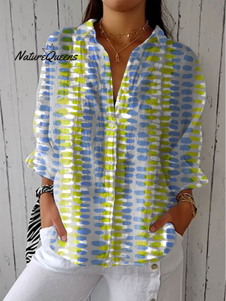 Women's Simple Graffiti Art Print Casual Linen V-neck Shirt
