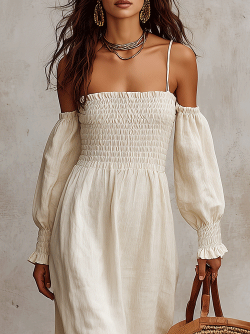 Bohemian Smocked Linen Off-Shoulder Maxi Dress