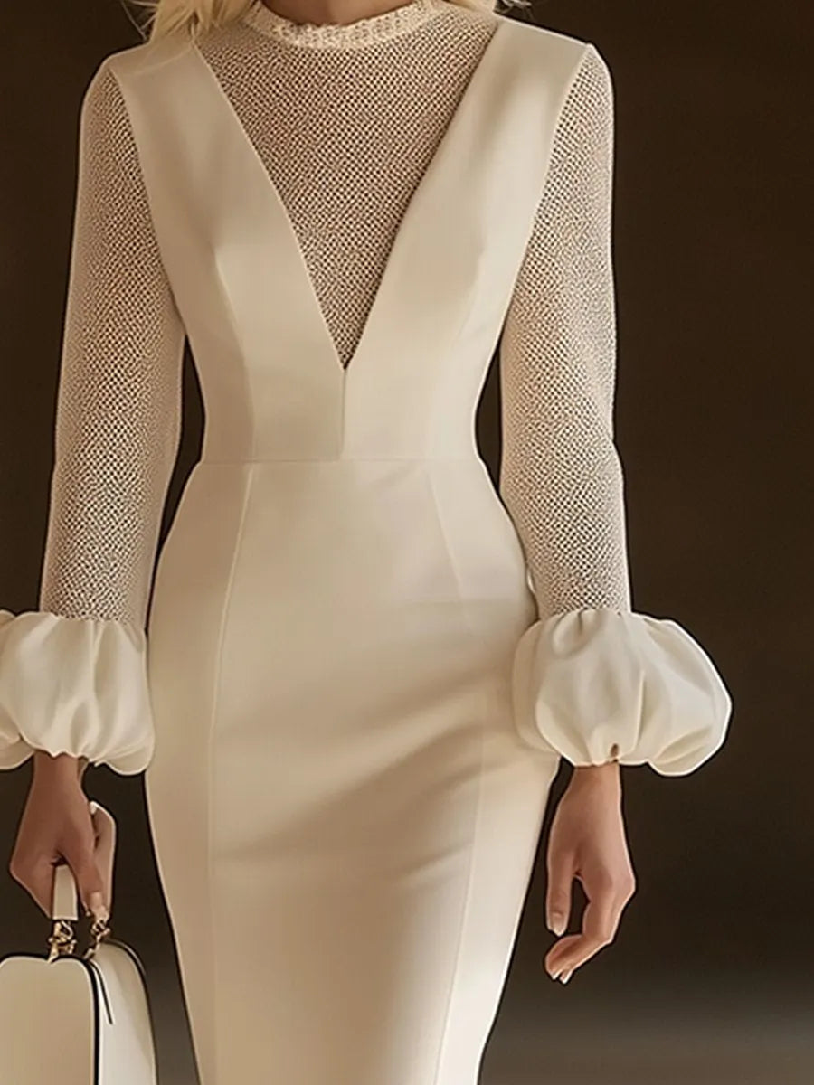 [24-hour shipping out]Elegant Classic Splicing Mesh Puff Sleeve Midi Dress