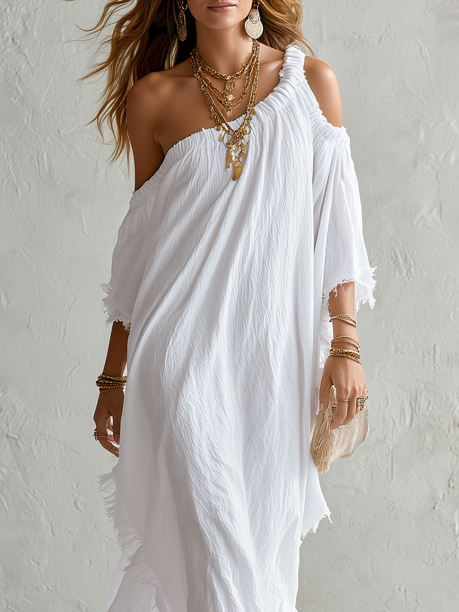 Effortless White One Shoulder Textured Maxi Dress