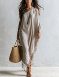 Elegant Beige Fringed Asymmetric Draped Kaftan Dress