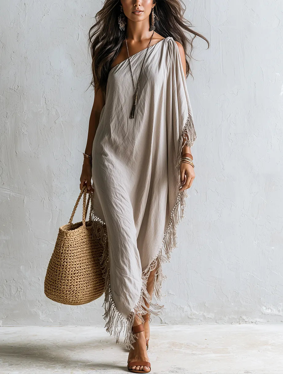 Elegant Beige Fringed Asymmetric Draped Kaftan Dress
