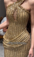 Gold One-Shoulder Twisted Strap Maxi Dress with Cutout & Ruched Waist