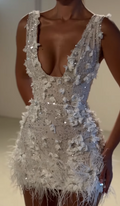 Sexy White V-neck Bodycon Beaded Applique Short Birthday Dress, Fashion Party Dress ED03409