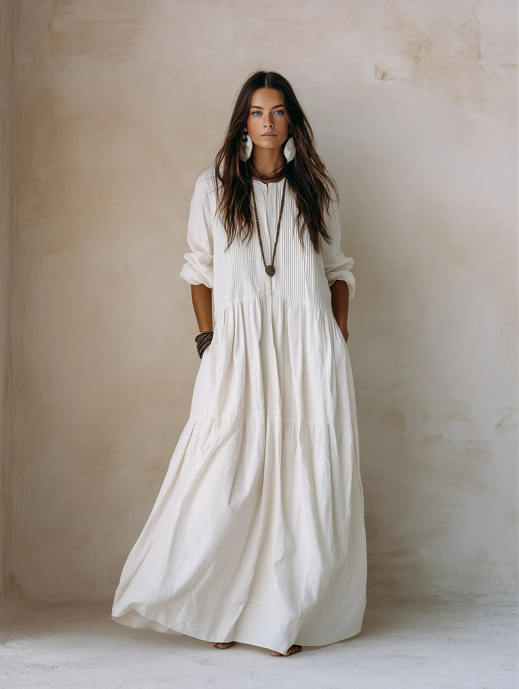 Coastal Chic Soft Cotton Oversized Off-White Smock Maxi Dress