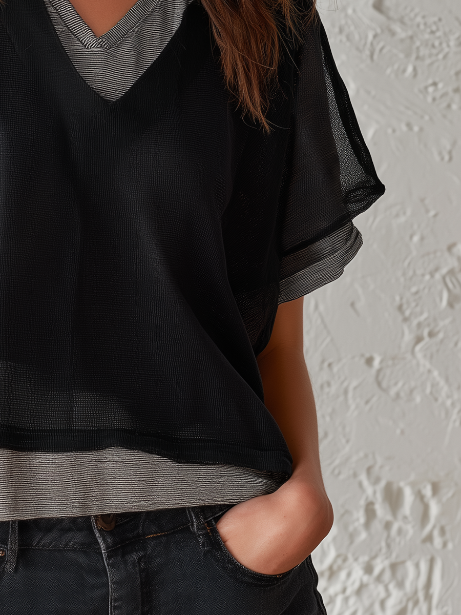 Modern Black Sheer Layered V-Neck Top