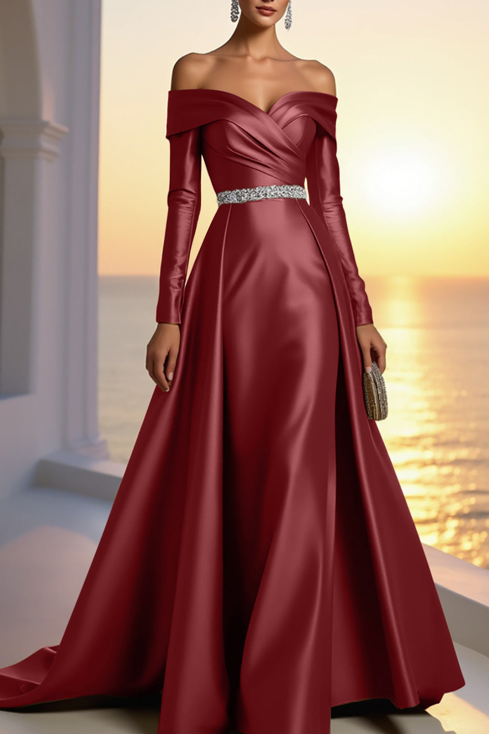 Formal Champagne Satin Dress Off The Shoulder Long Sleeve Maxi Gown