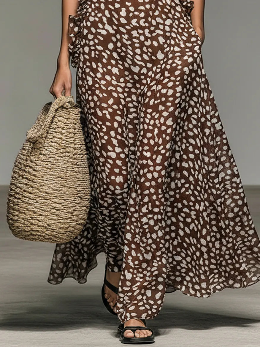 Women's Minimalist Deer Print Sleeveless Maxi Dress With Ruffled Collar MDZ2662B6Y