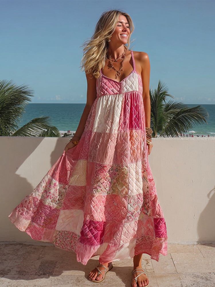 Women's Pink Geometric Patchwork Casual Long Dress