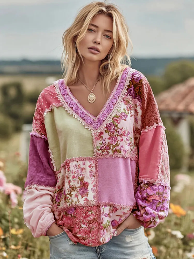 Women's Vintage Floral Patchwork Art Cozy Warm Sweatshirt