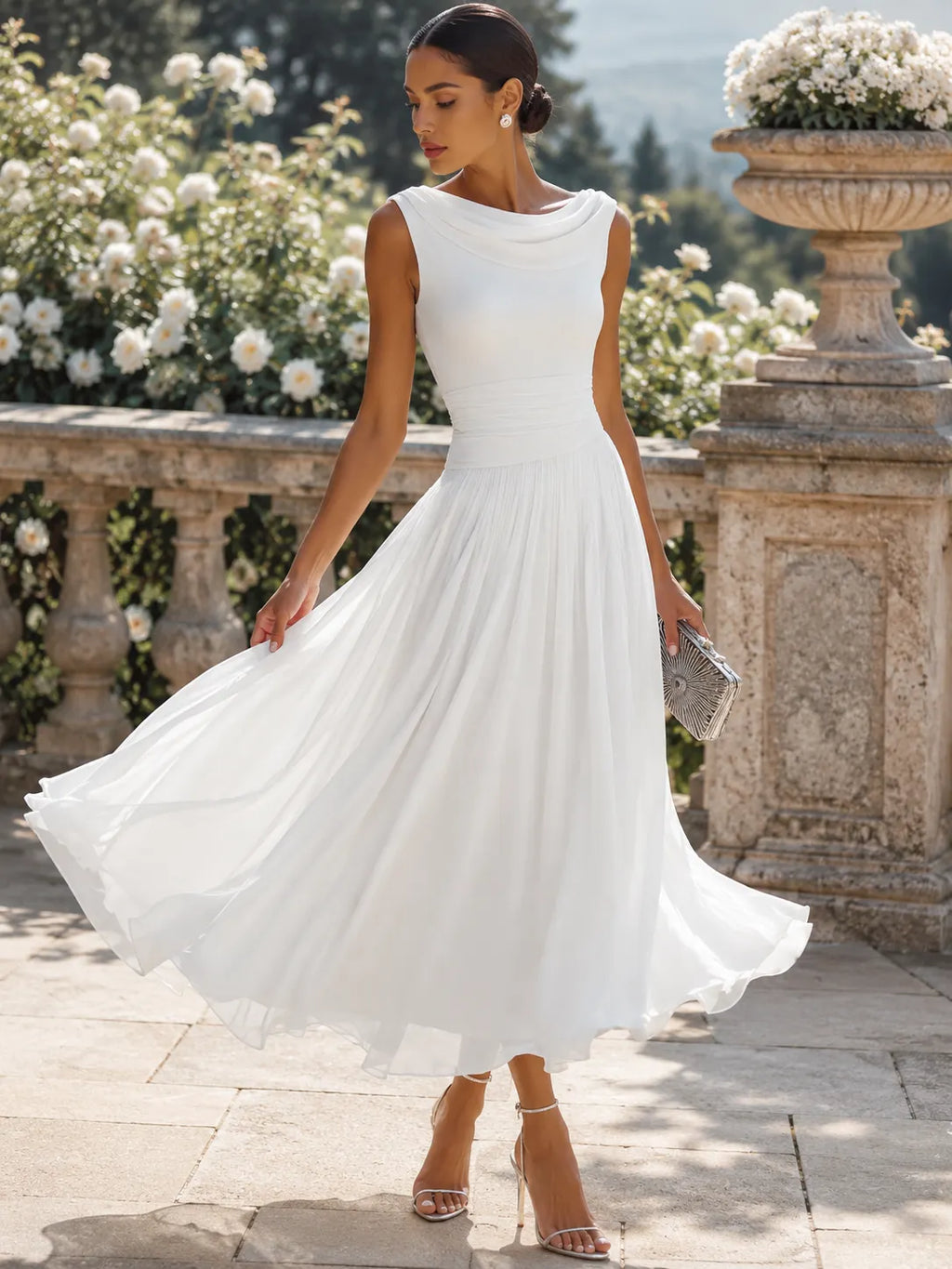 Draped Neck Sleeveless Pleated Midi Dress