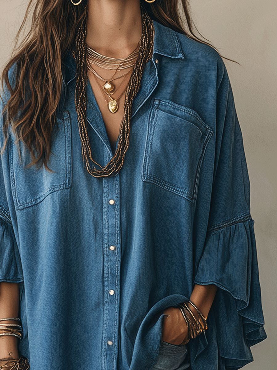 Effortless Chic Chambray Drop-Shoulder Flare-Sleeve Denim Blue Blouse
