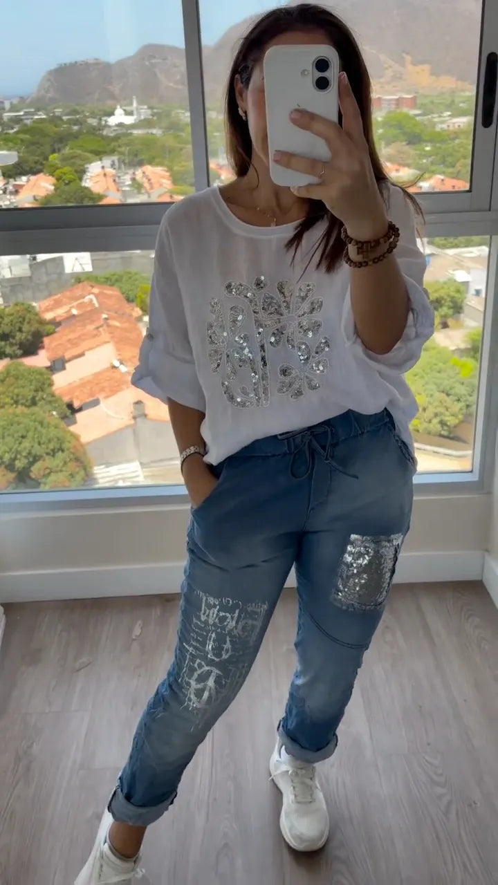 White Linen Sequin Top & Distressed Denim Jeans