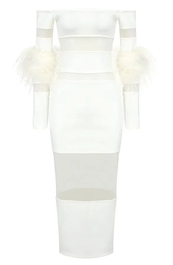 Feather Long Sleeve Off Shoulder Midi Dress White