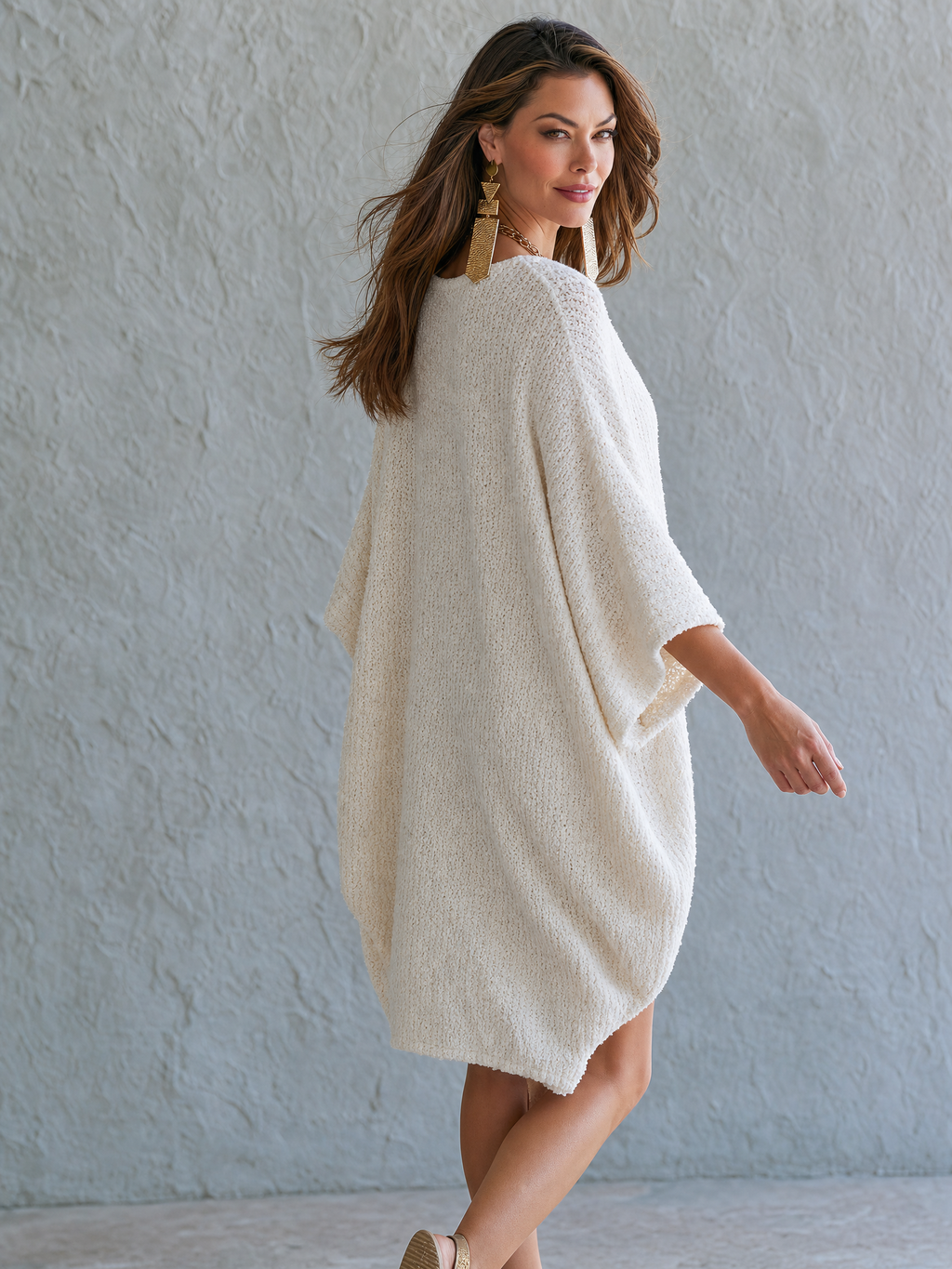 Effortless Chic Knit Deep-V Batwing Oversized Ivory Poncho Sweater