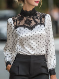 Polka-Dot Satin Lace-Yoke Long-Sleeve Blouse