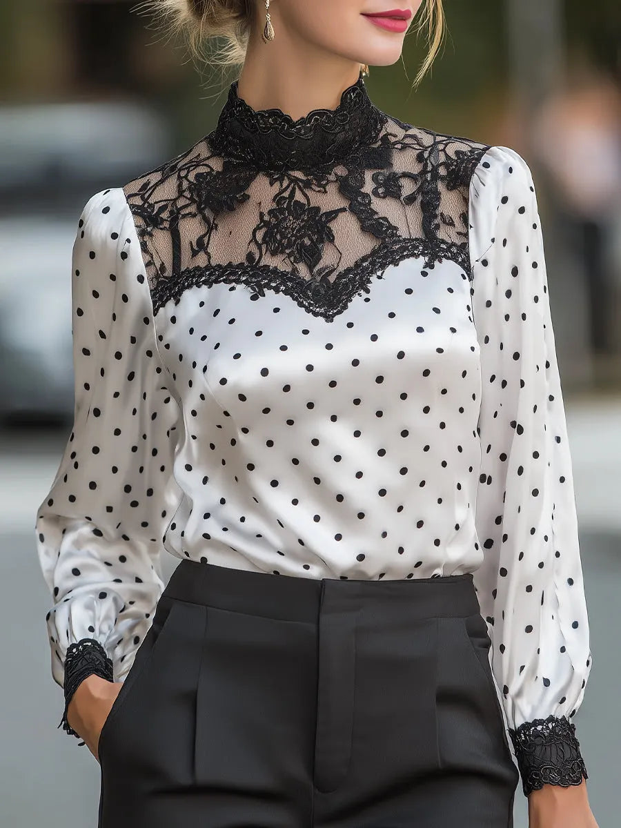Polka-Dot Satin Lace-Yoke Long-Sleeve Blouse