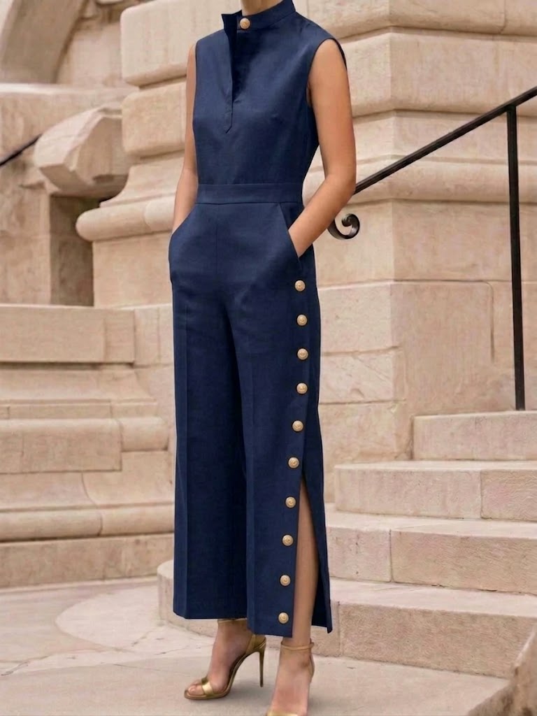 Stylish And Elegant Linen-cotton Jumpsuit With Side Buttons