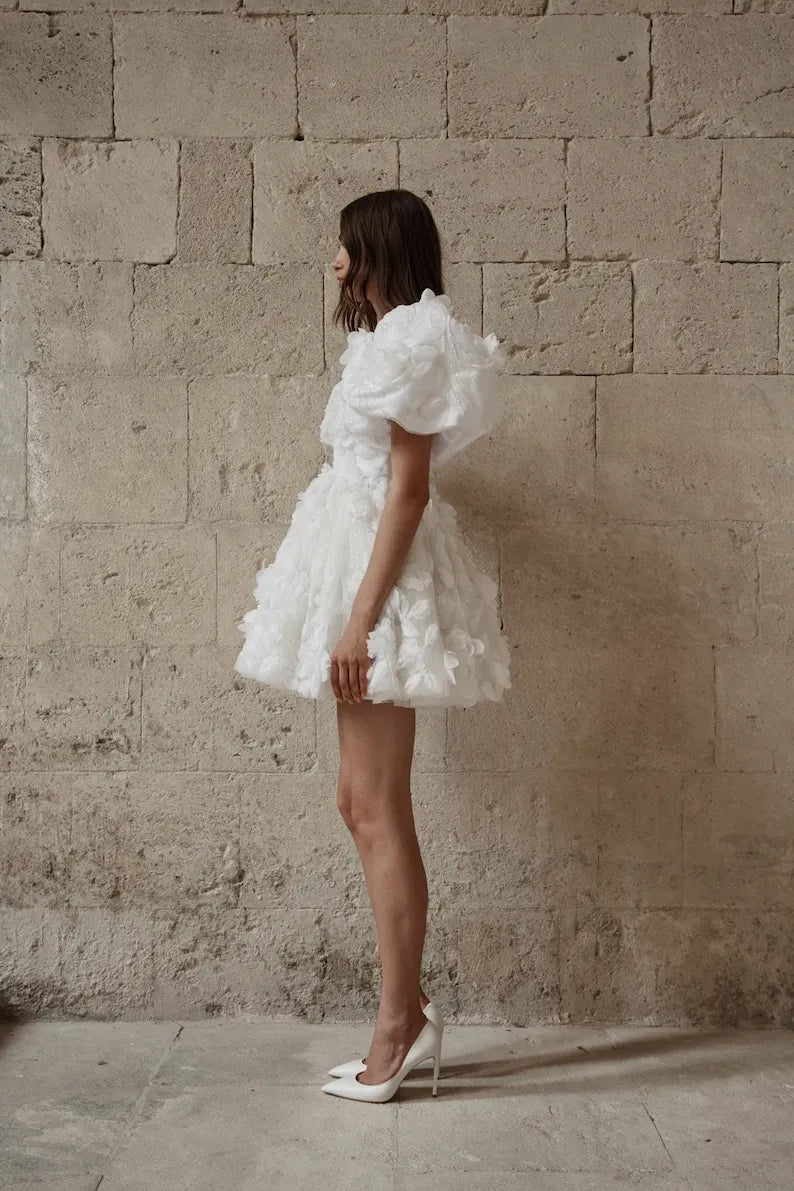 Custom short wedding dress for the bride. Beaded wedding dress with beautiful fabric. Puffy  sleeve short wedding dress.