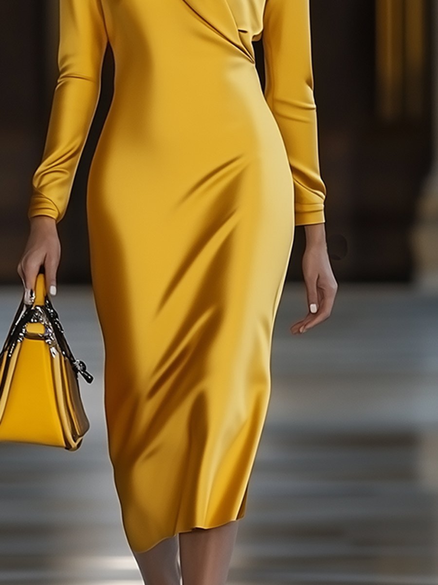 [24-hour shipping out]Fashion Vintage Gold Satin Long Sleeve Midi Dress