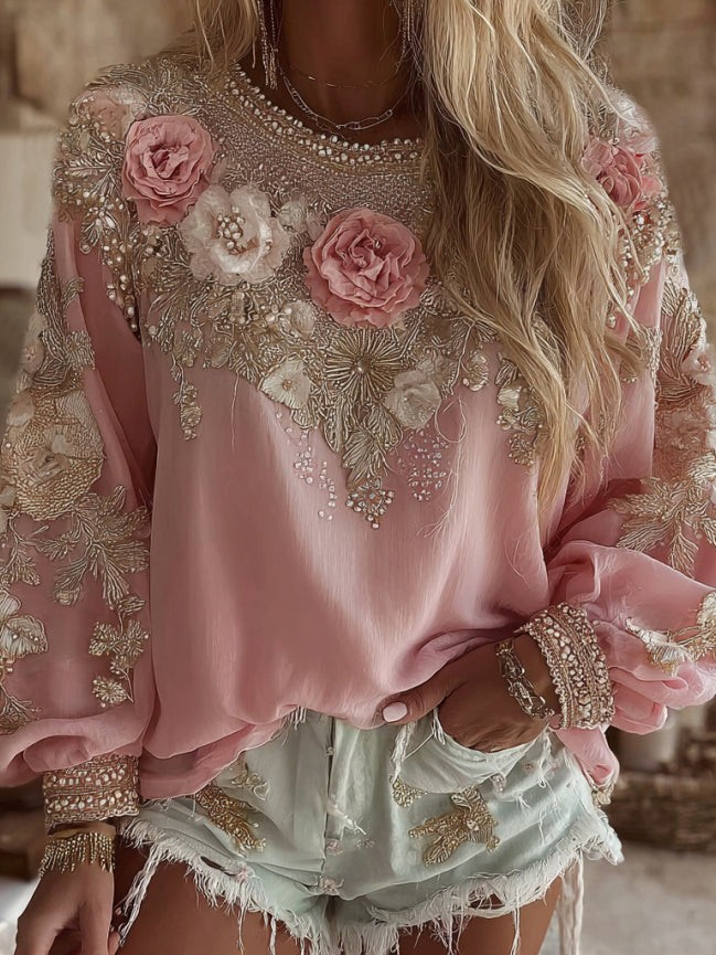 Women's Pink Flower Embroidery Art Print Long Sleeve T-shirt