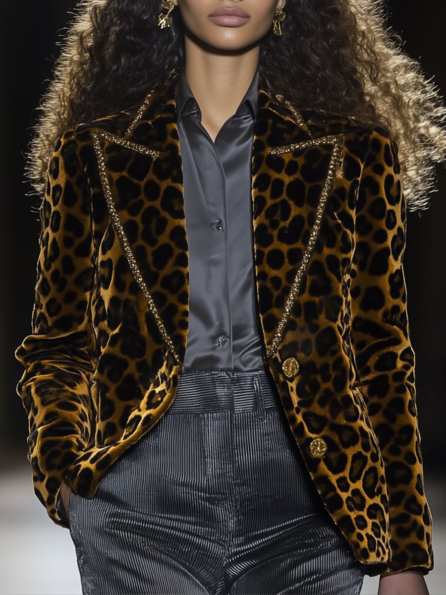 [24-hour shipping out]Casual Fashion Velvet Leopard Print Lapel Gold Edge Blazer