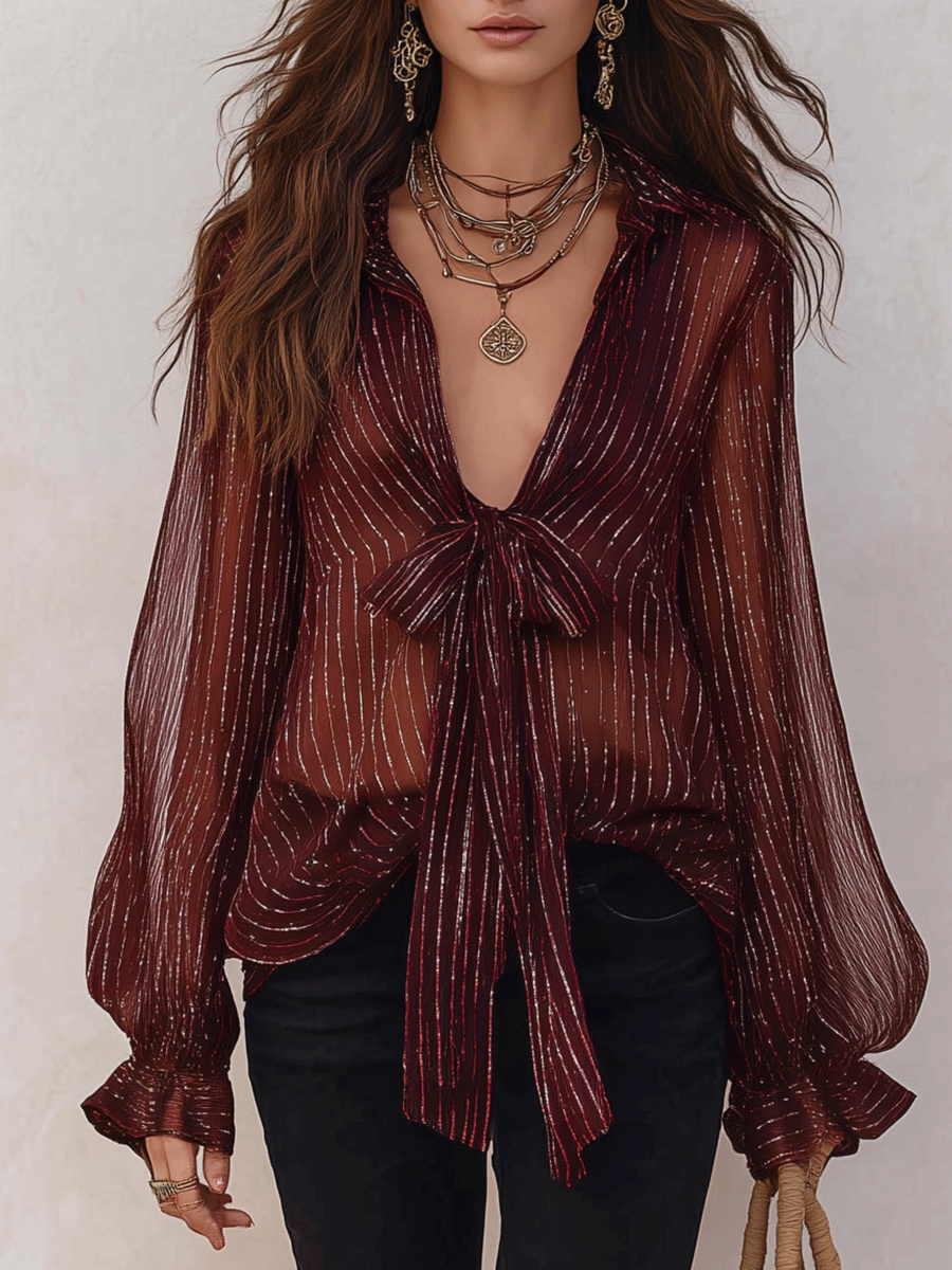 Bohemian Shimmer Stripe Resort Burgundy Tie-Front Blouse