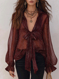 Bohemian Shimmer Stripe Resort Burgundy Tie-Front Blouse