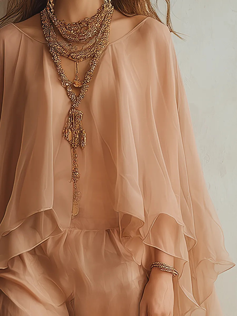 Romantic Apricot-colored Chiffon Pants Set With Ruffles