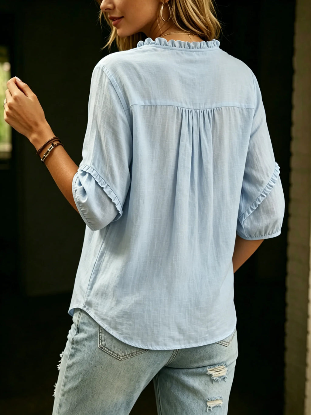 Cotton-linen Shirt With Ruffled Trim, Embroidery, Stand Collar, And Half Sleeves