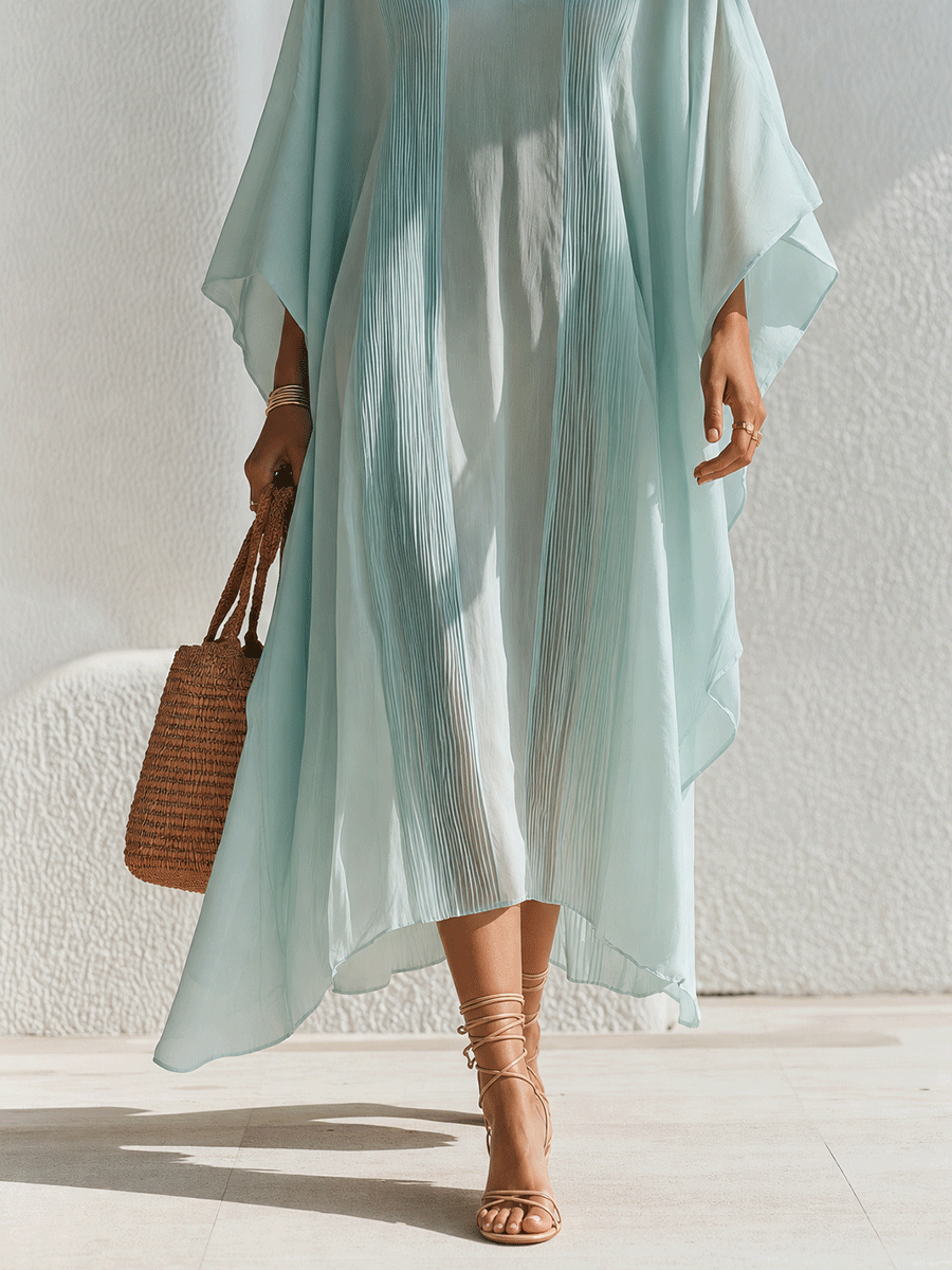 Effortless Resort Chiffon Pleated V-Neck Batwing Mint Blue Kaftan Maxi Dress