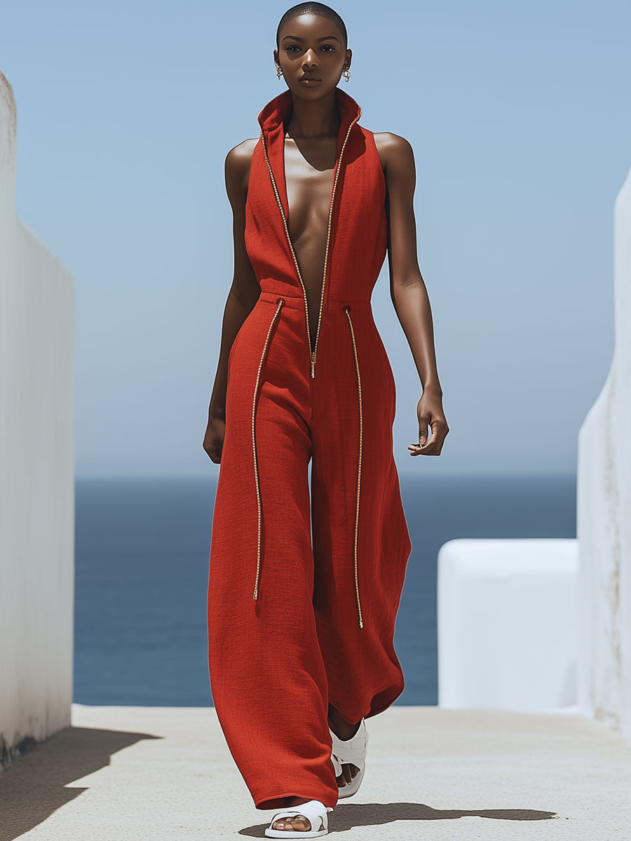 [24-hour shipping out]Casual Retro Red Cotton and Linen Zipper Sleeveless Elastic Waist Wide Leg Jumpsuit