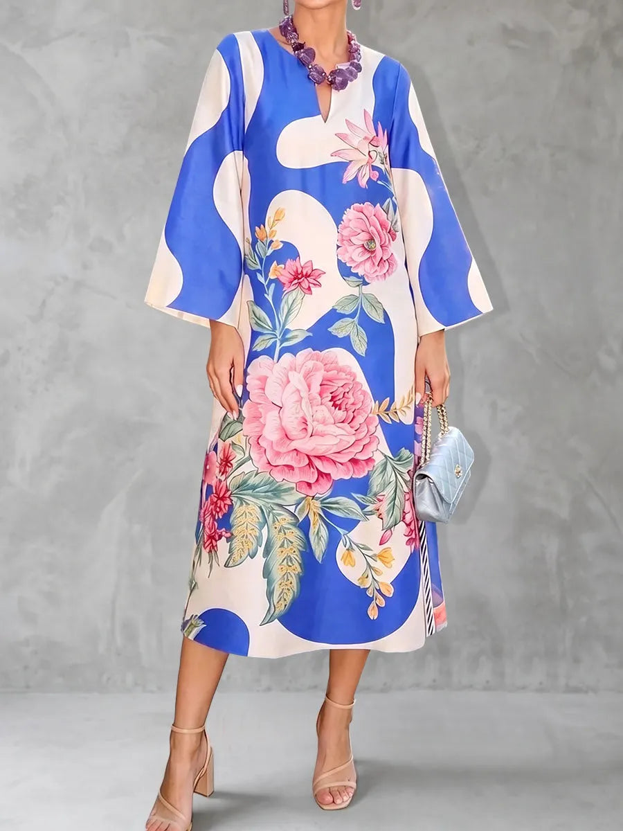 Flower Print Contrast Color Loose Long Sleeves V-neck Midi Dresses