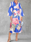 Flower Print Contrast Color Loose Long Sleeves V-neck Midi Dresses