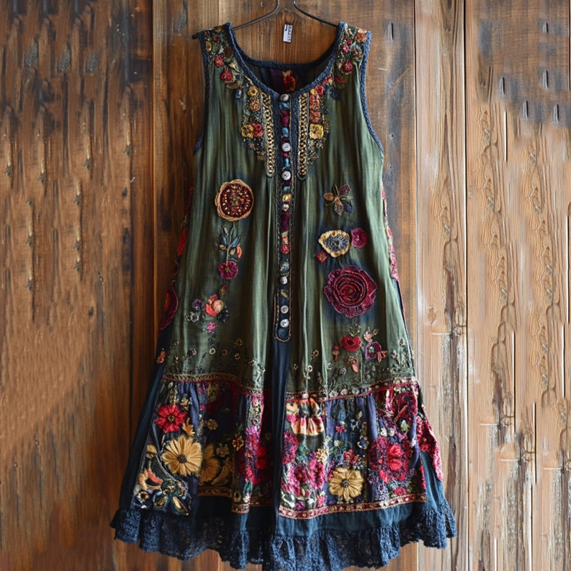 Vintage Floral Lace Patchwork Art Comfy Sleeveless Dress